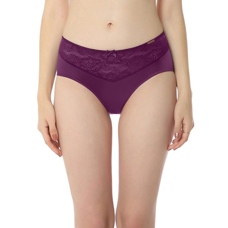 Amante Solid Mid Rise Three-Fourth Coverage Elegant Lace Hipster Panty- Purple (M)