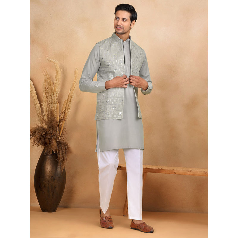 KRAFT INDIA LUXE Grey Embroidered Kurta with Trouser and Nehru Jacket (Set of 3) (42)