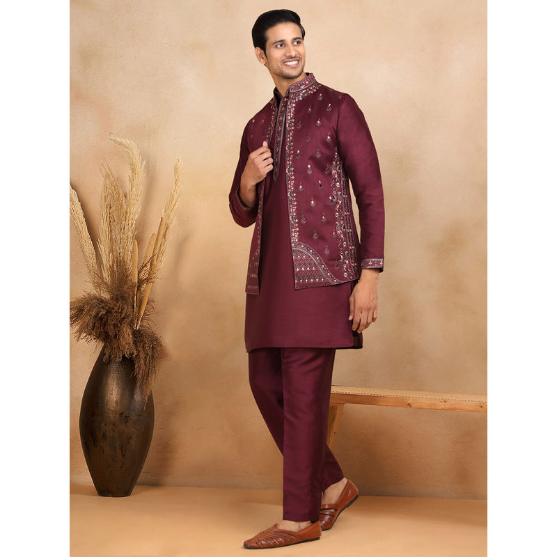 KRAFT INDIA LUXE Wine Embroidered Kurta with Trouser and Nehru Jacket (Set of 3) (38)