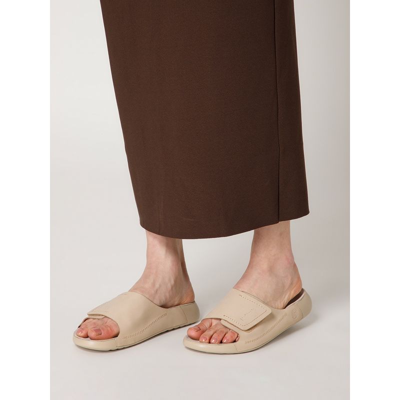 NoStrain Women Broad Strap Leather Sliders - Beige (UK 4)