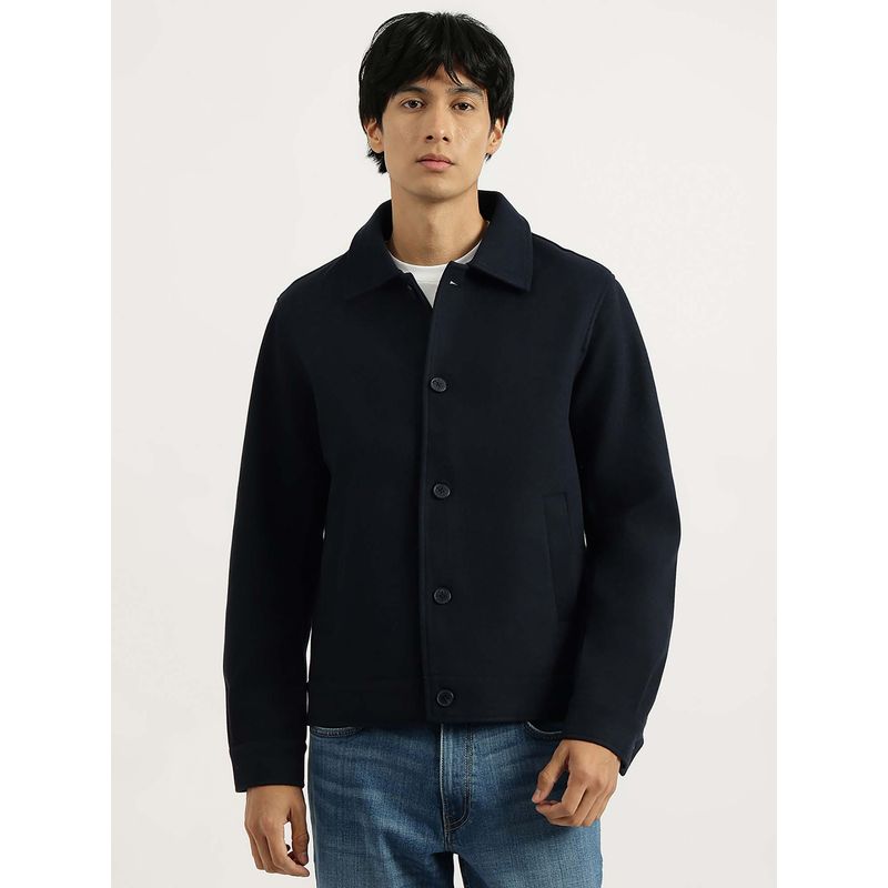 United Colors of Benetton Navy Blue Regular Fit Spread Collar Solid Jacket (S)