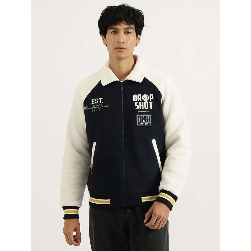 United Colors of Benetton Navy Blue Regular Fit Spread Collar Varsity Jacket (XL)