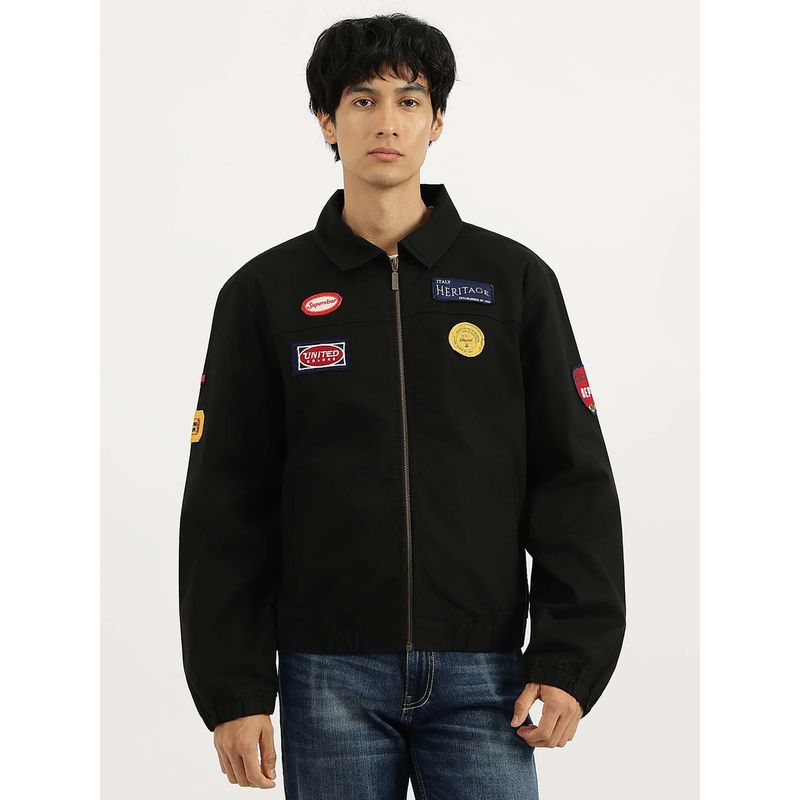 United Colors of Benetton Black Regular Fit Spread Collar Applique Jacket (XL)