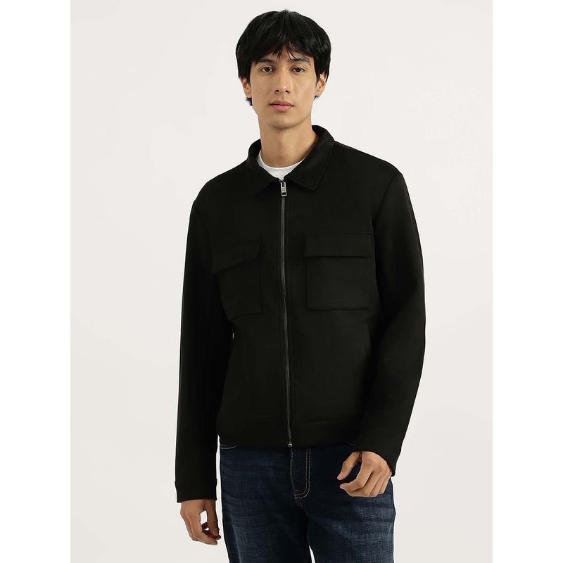 United Colors of Benetton Black Regular Fit Spread Collar Solid Trucker Jacket (XL)