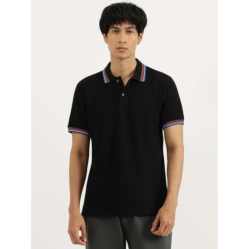 United Colors of Benetton Black Regular Fit Collared Ribbed Polo T-Shirt (XL)