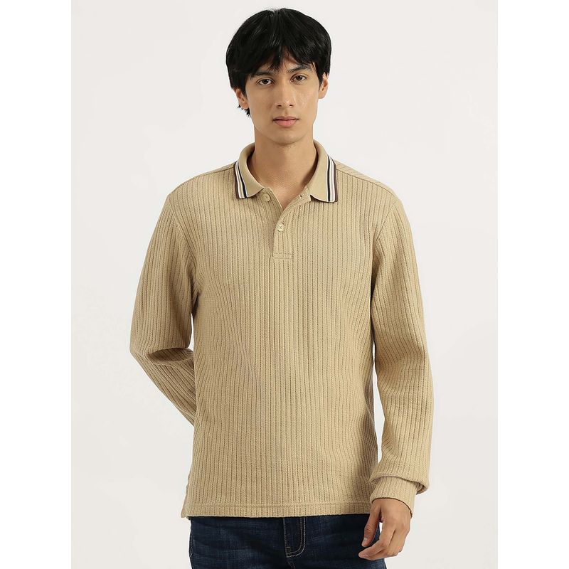 United Colors of Benetton Beige Regular Fit Collared Ribbed Polo T-Shirt (XL)