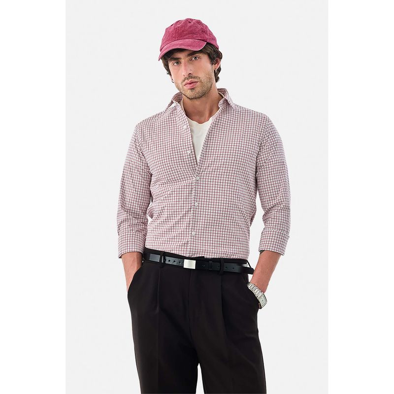 Snitch Red Micro Check Slim Semi Formal Shirt (XL)