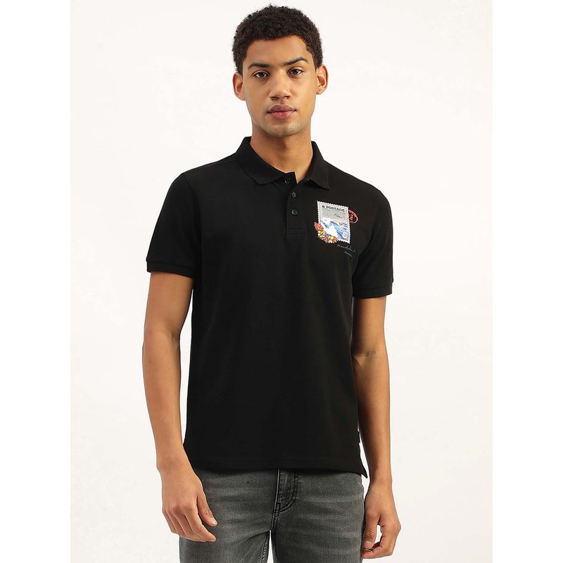 United Colors of Benetton Black Relaxed Fit Graphic Polo T-Shirt (XL)