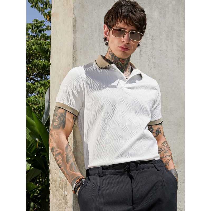 Campus Sutra Men'S Chalk White Ripple-Logenze Polo T-Shirt (M)