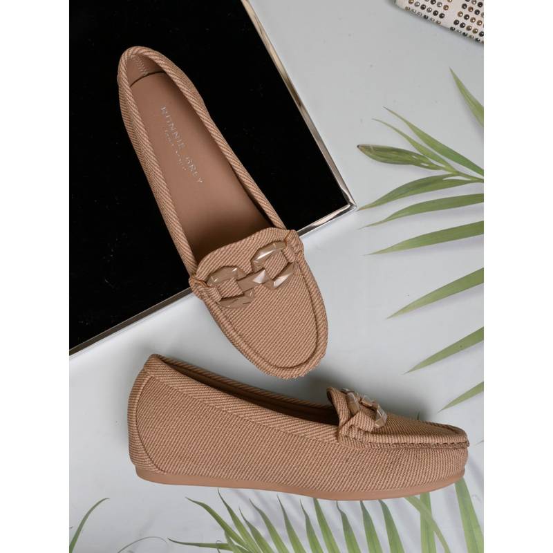 Ronnie Grey Women Khaki Striped Loafers (EURO 36)