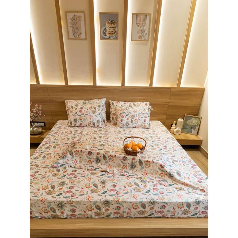 Reysha Floral Printed Persian Garden 400 TC Cotton Bedsheet with 2 Pillow Covers (Queen)