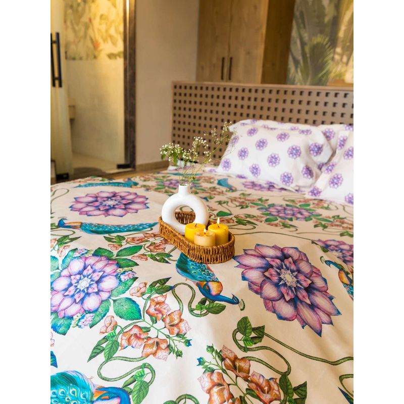 Reysha Peacock Meadow 400 TC Cotton Bedsheet with 2 Pillow Covers (Queen)