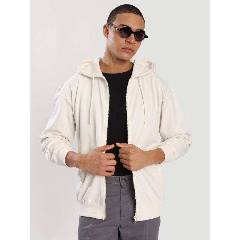 Bene Kleed Men Relaxed Off White Brushed Fabric Front Zipper Hoodie (L)