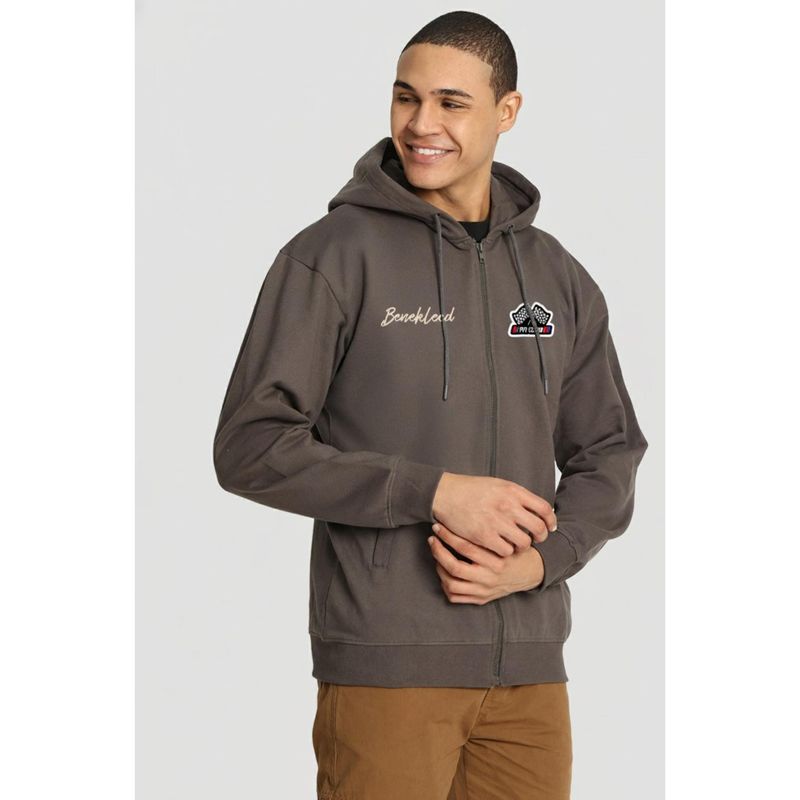 Bene Kleed Men Relaxed Charcoal Graphic Printed Front Zipper Hoodie (S)