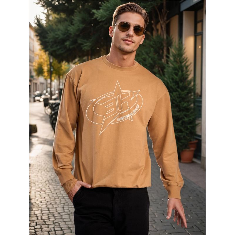 Bene Kleed Men Khaki Relax Fit Embroidered Lightweight Printed Sweatshirt (M)