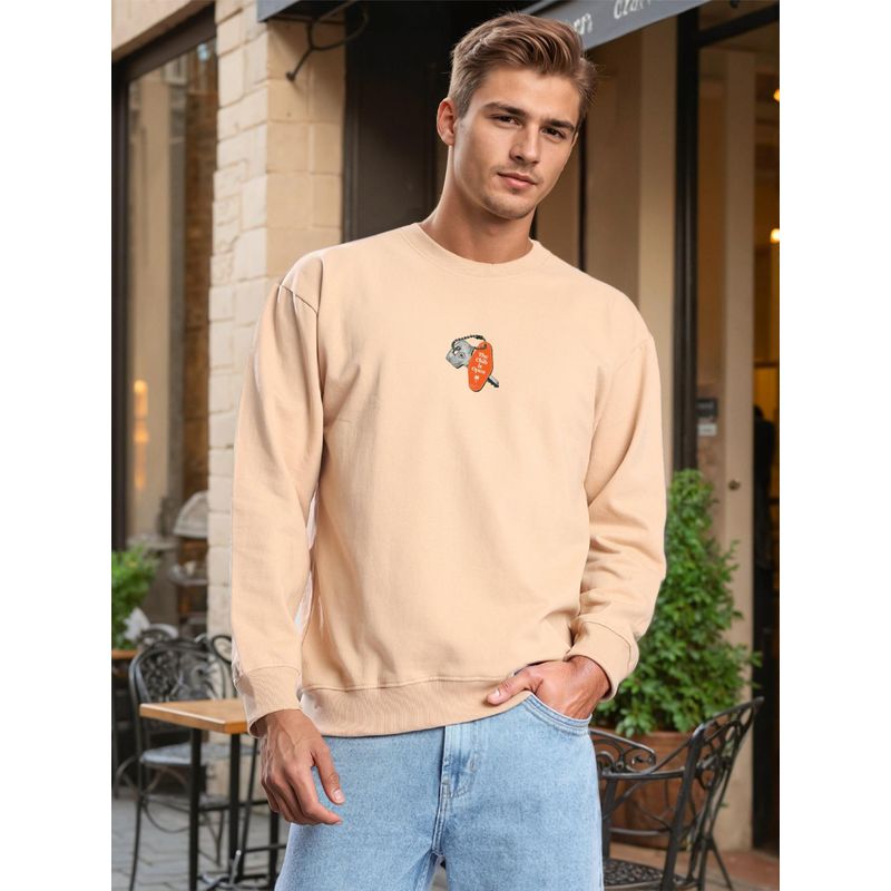 Bene Kleed Men Crew Neck Drop Shoulder Graphic Printed Beige Sweatshirt (S)