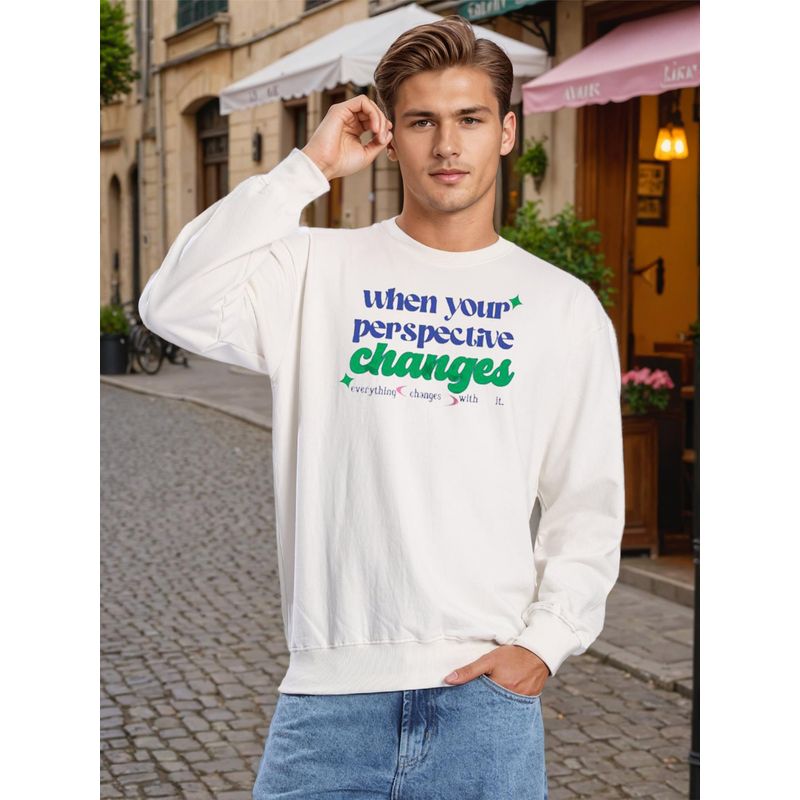 Bene Kleed Men Crew Neck Drop Shoulder Graphic Printed Off White Sweatshirt (M)