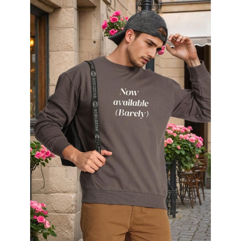 Bene Kleed Men Crew Neck Drop Shoulder Printed Brown Sweatshirt (S)