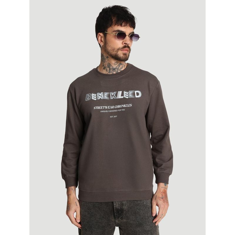 Bene Kleed Men Crew Neck Drop Shoulder Printed Brown Sweatshirt (S)