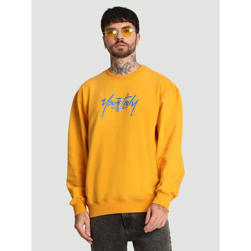 Bene Kleed Men Crew Neck Drop Shoulder Graphic Printed Mustard Sweatshirt (S)