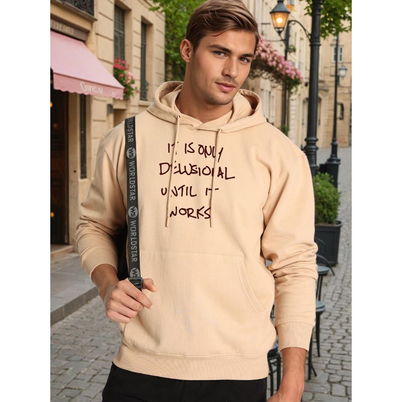 Bene Kleed Men Relax Fit Kangaroo Pocket Graphic Printed Beige Hoodie (S)