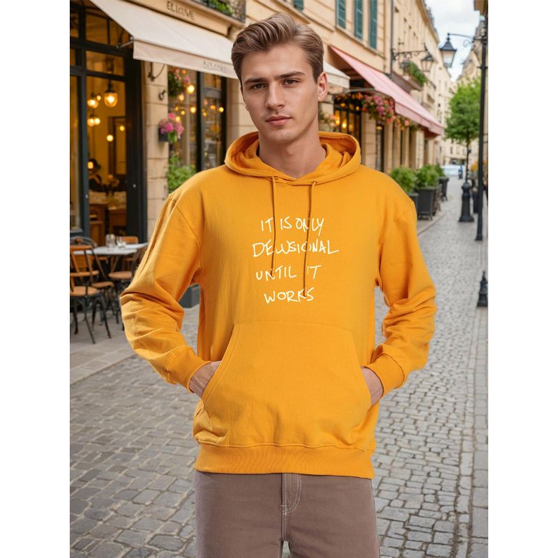 Bene Kleed Men Relax Fit Kangaroo Pocket Graphic Printed Mustard Hoodie (S)