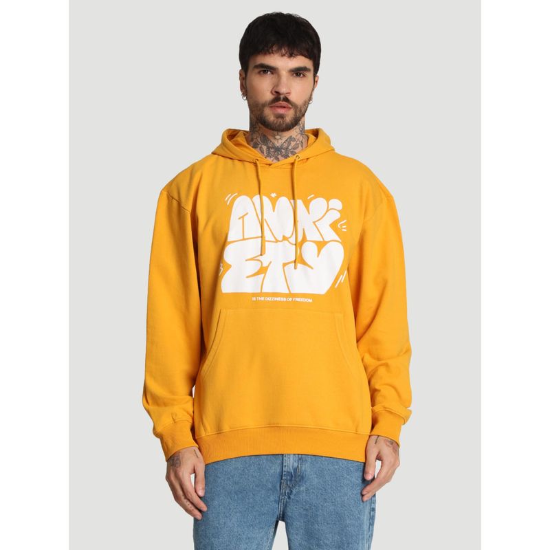 Bene Kleed Men Relax Fit Kangaroo Pocket Graphic Printed Mustard Hoodie (S)