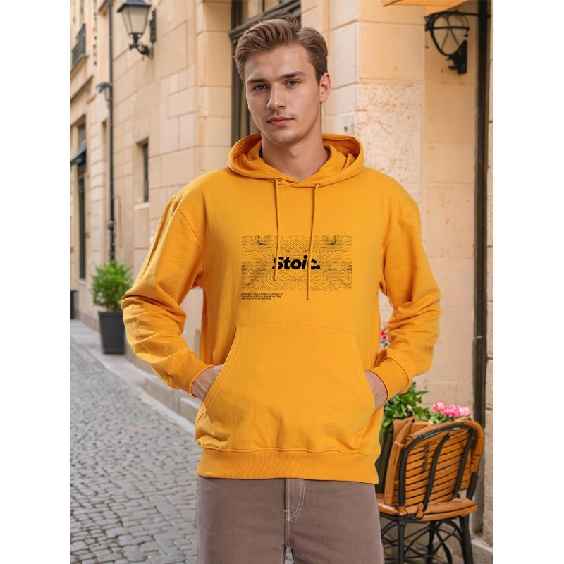 Bene Kleed Men Relax Fit Kangaroo Pocket Graphic Printed Mustard Hoodie (S)