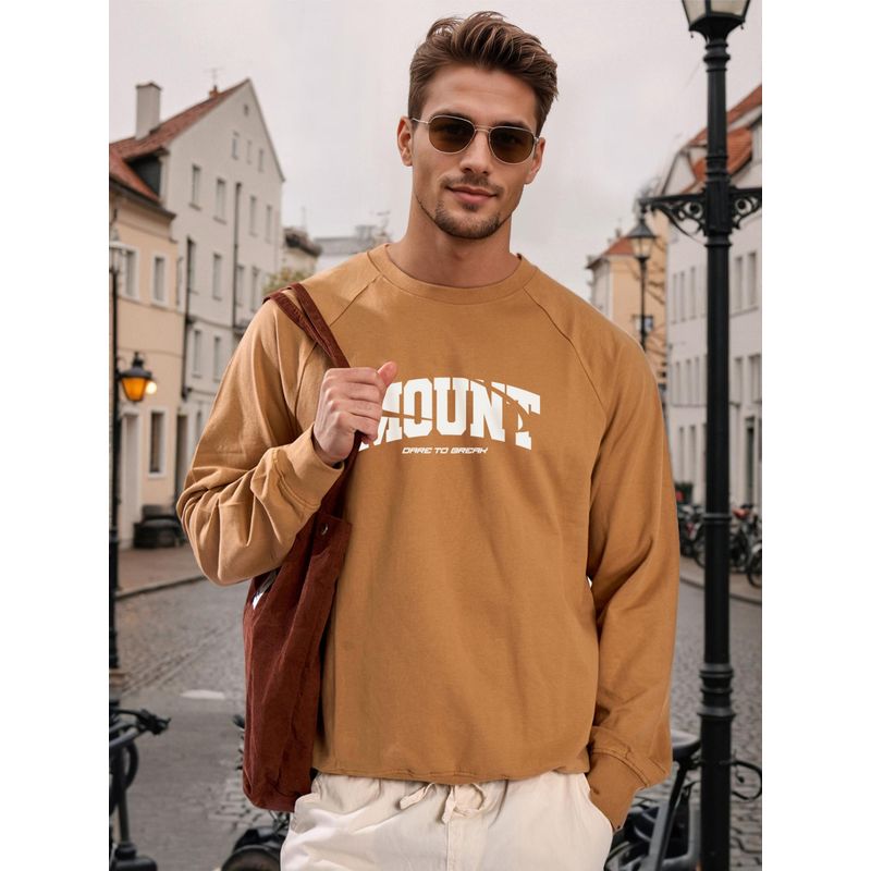 Bene Kleed Men Khaki Relax Fit Raglan Lightweight Printed Sweatshirt (S)