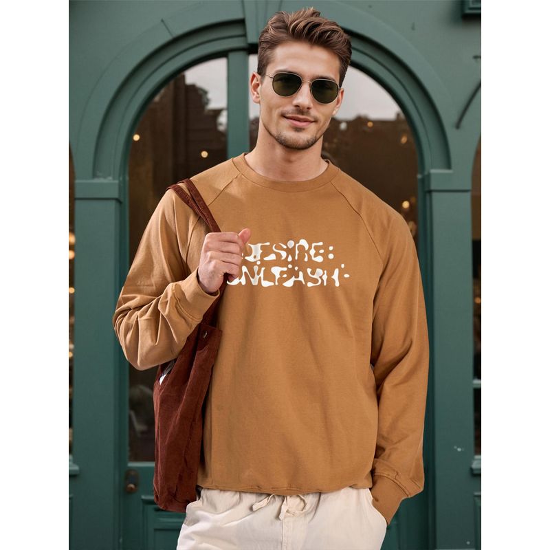 Bene Kleed Men Khaki Relax Fit Raglan Lightweight Printed Sweatshirt (S)
