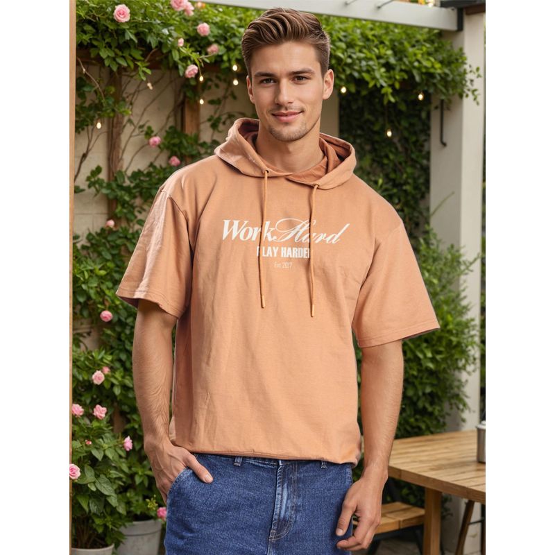 Bene Kleed Men Khaki Half Sleeve Relax Fit Lightweight Hoodie (S)