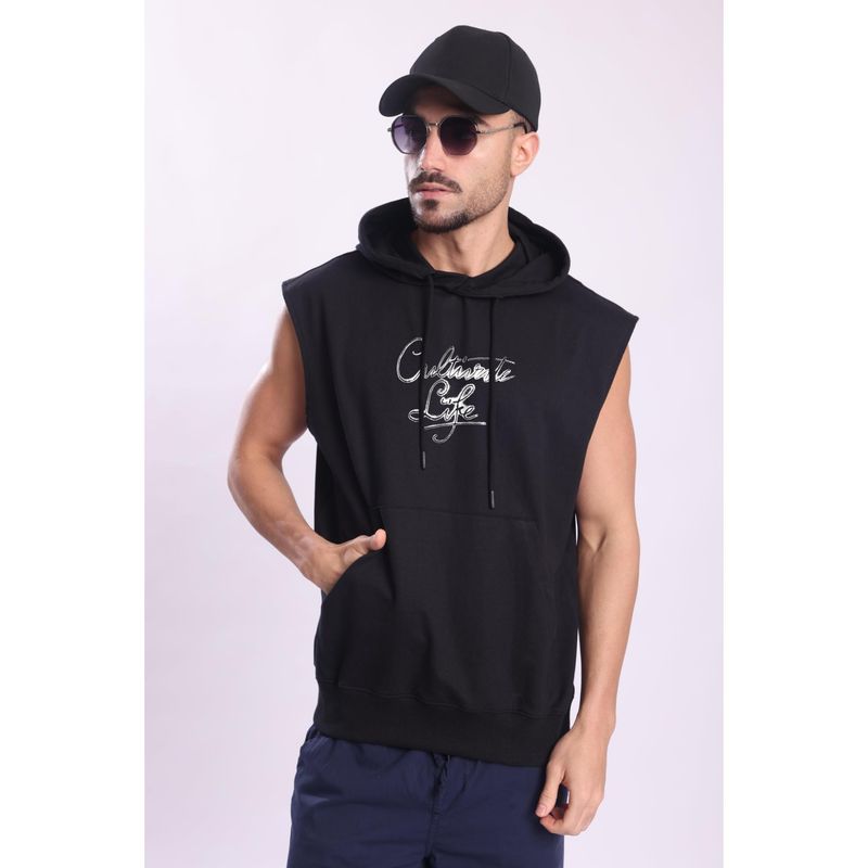 Bene Kleed Black Men Pure Cotton Graphic Printed Sleeveless Kangaroo Pocket Hoodie (S)