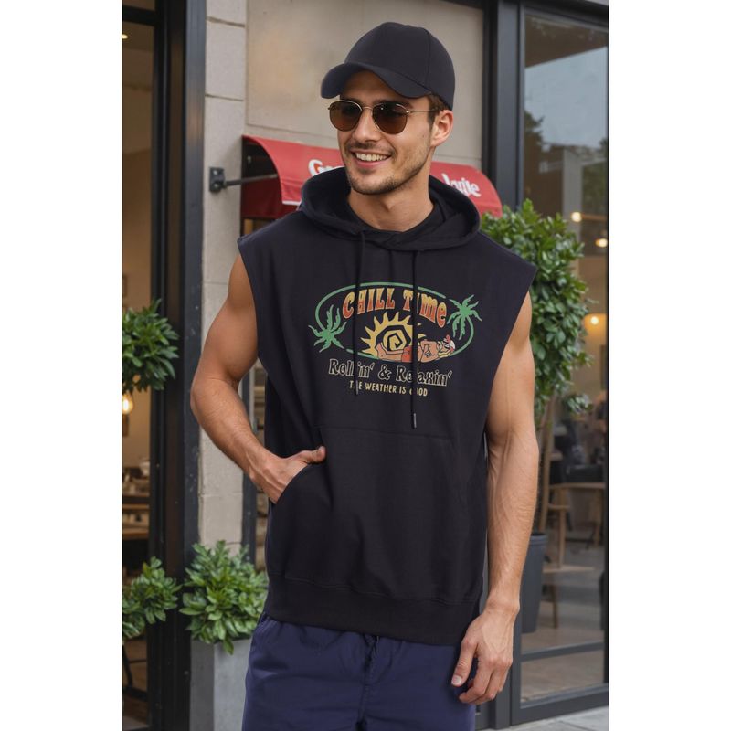 Bene Kleed Black Men Sleeveless Kangaroo Pocket Hoodie (S)