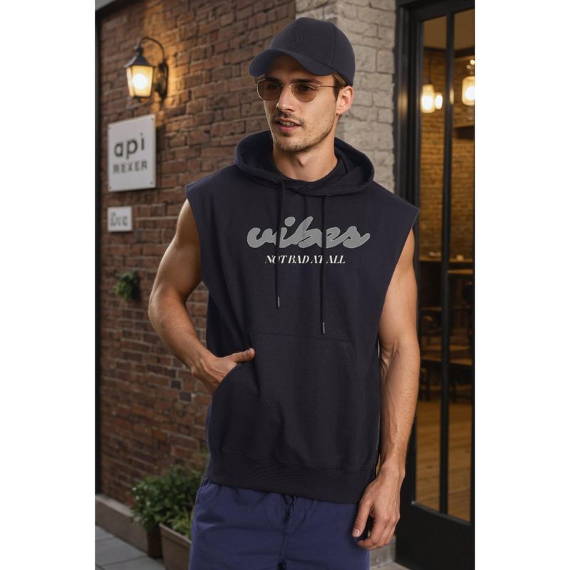 Bene Kleed Navy Blue Men Pure Cotton Graphic Printed Sleeveless Kangaroo Pocket Hoodie (S)