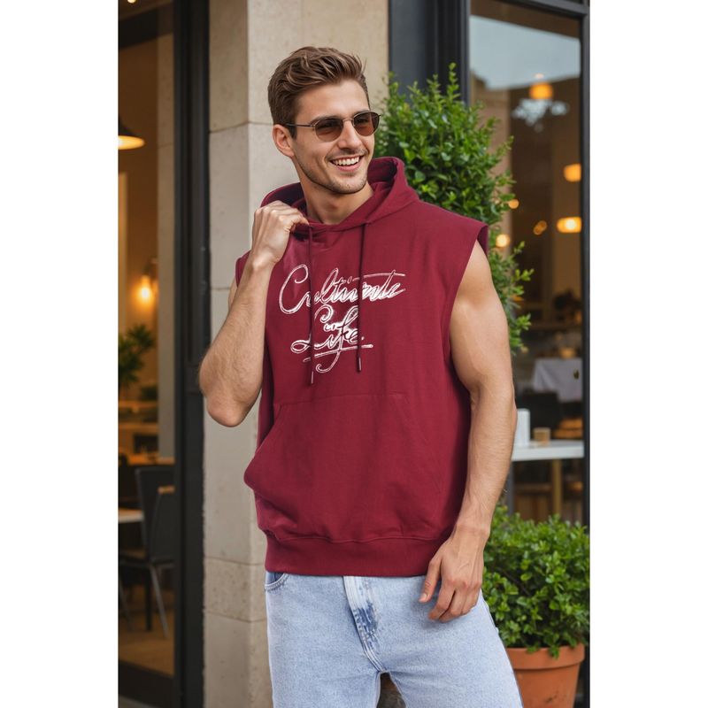 Bene Kleed Maroon Men Pure Cotton Graphic Printed Sleeveless Kangaroo Pocket Hoodie (S)