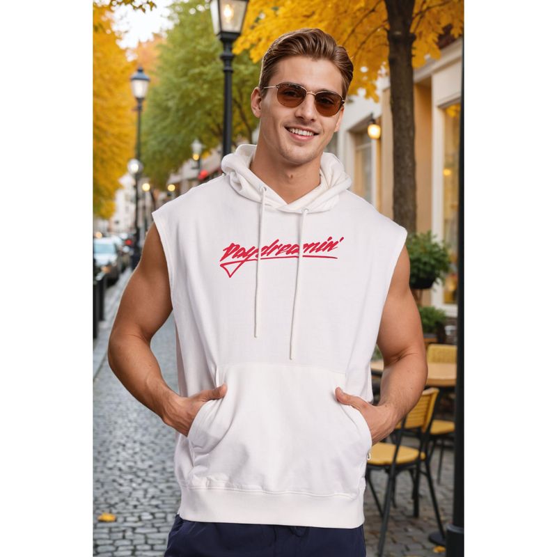 Bene Kleed Off White Men Sleeveless Kangaroo Pocket Hoodie (S)