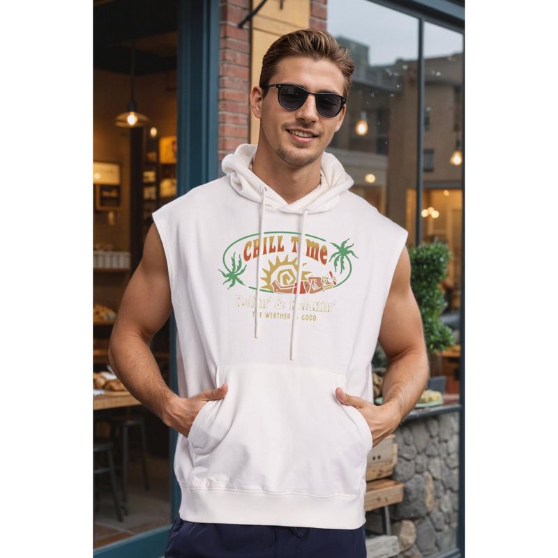 Bene Kleed Off White Men Pure Cotton Graphic Printed Sleeveless Kangaroo Pocket Hoodie (S)