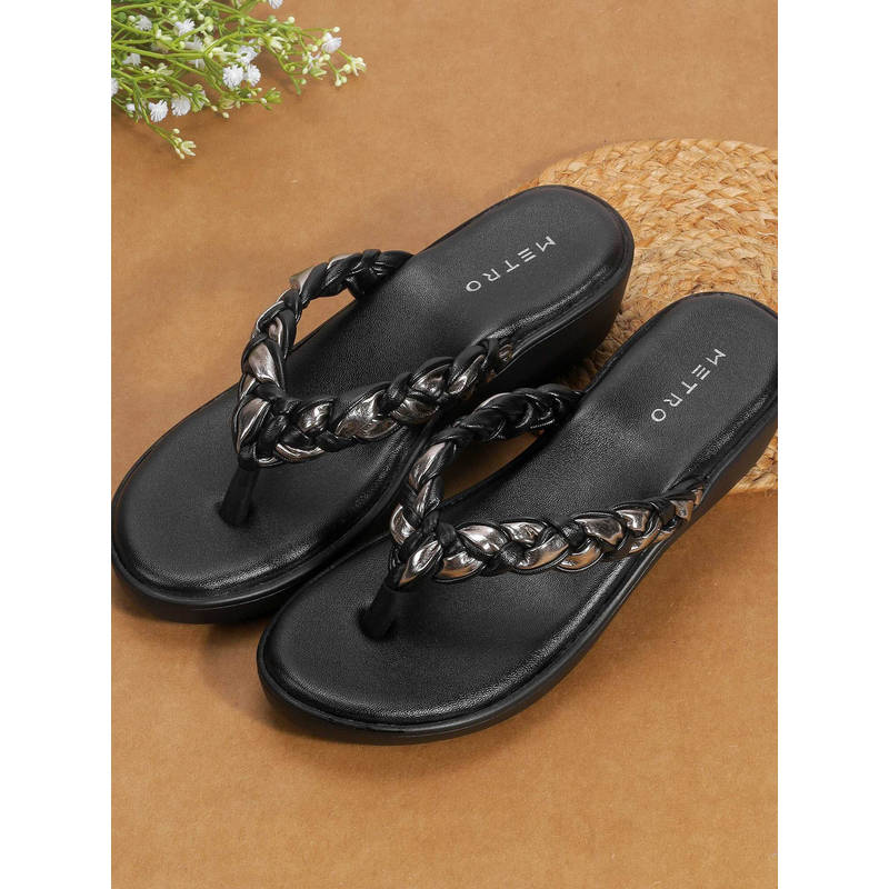 Metro Women Black Open Casual Wedges Heels (EURO 40)