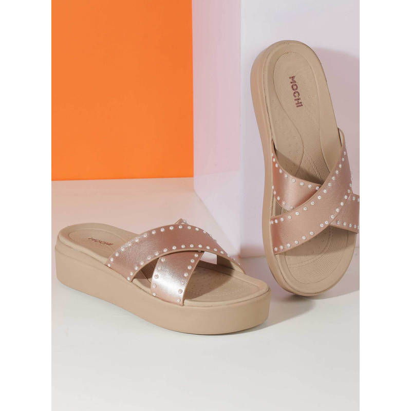 Mochi Women Rose Gold Open Casual Sandal Heels (EURO 39)