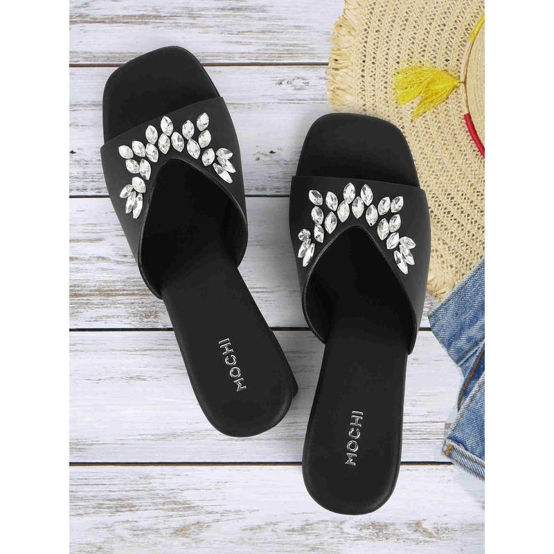 Mochi Women Black Open Casual Sandal Heels (EURO 38)