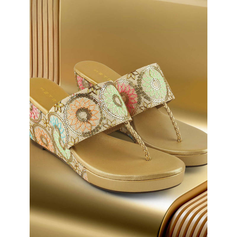Metro Women Gold Open Casual Wedges Heels (EURO 36)
