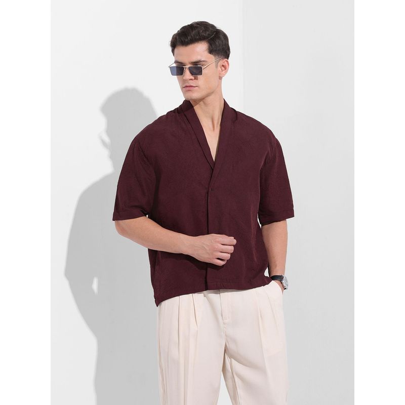 The Indian Garage Co Men Maroon Relaxed Fit Shawl Lapel Polyester Shirt (S)