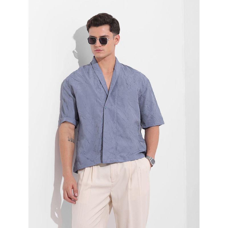 The Indian Garage Co Men Blue Relaxed Fit Shawl Lapel Polyester Shirt (M)