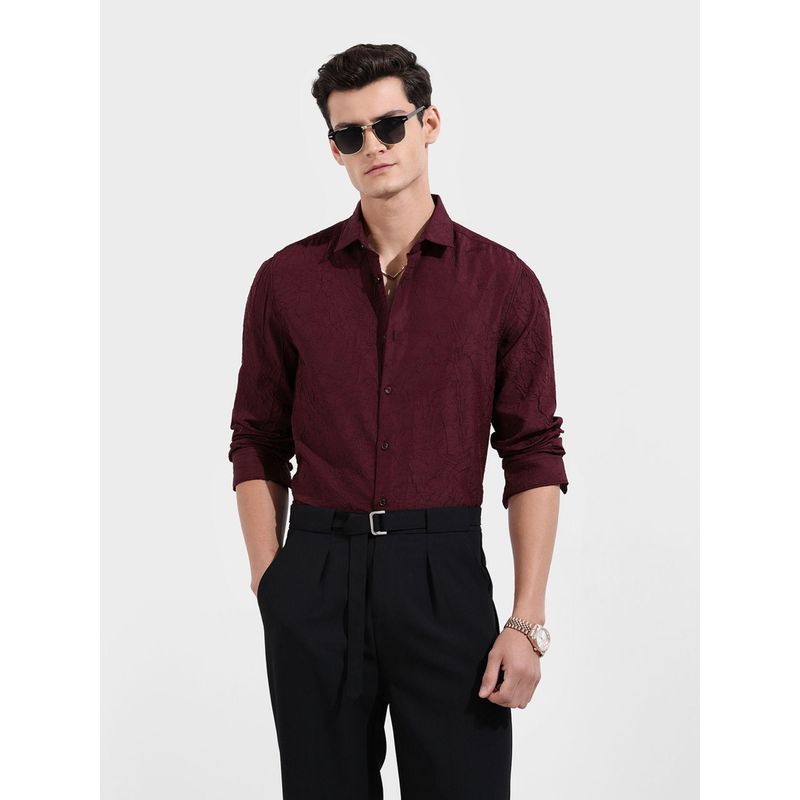 The Indian Garage Co Men Burgundy Slim Fit Collar Neck Polyester Shirt (M)