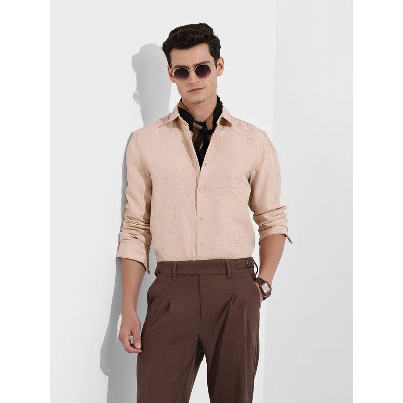 The Indian Garage Co Men Beige Slim Fit Collar Neck Polyester Shirt (S)