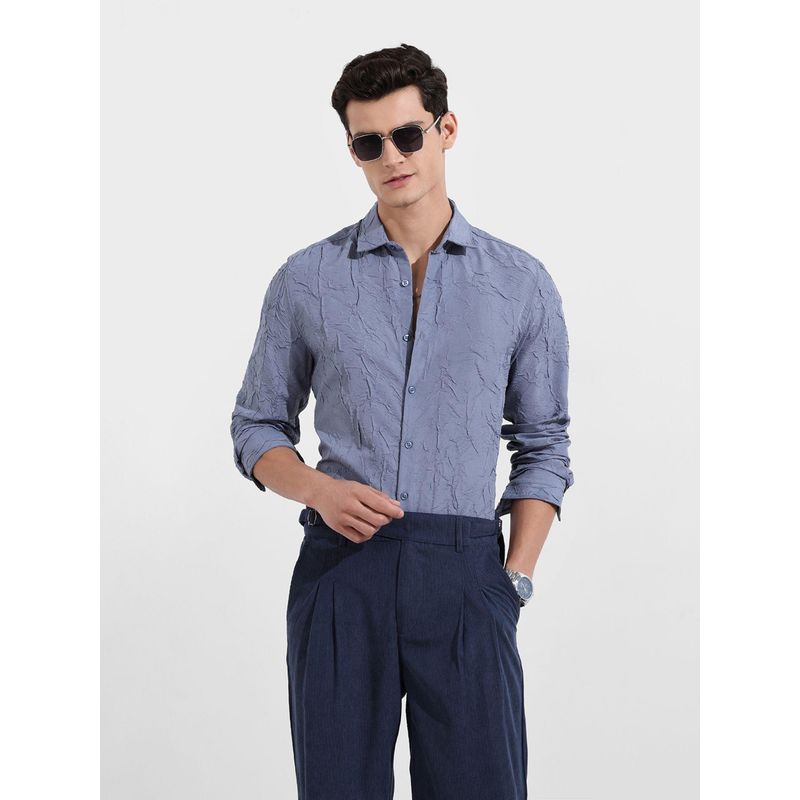 The Indian Garage Co Men Blue Slim Fit Collar Neck Polyester Shirt (L)