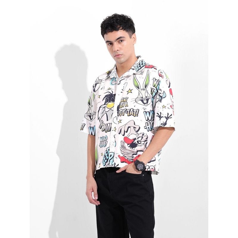 The Indian Garage Co Men White Boxy Fit Collar Neck Polyester Shirt (S)