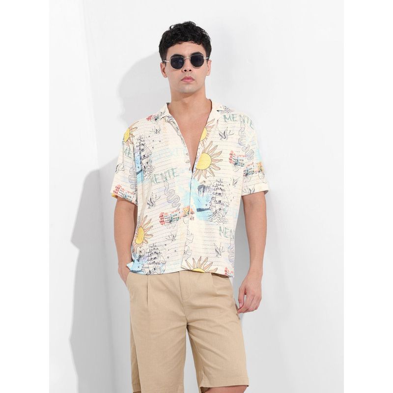 The Indian Garage Co Men Off White Relaxed Fit Collar Neck Polyester Shirt (S)