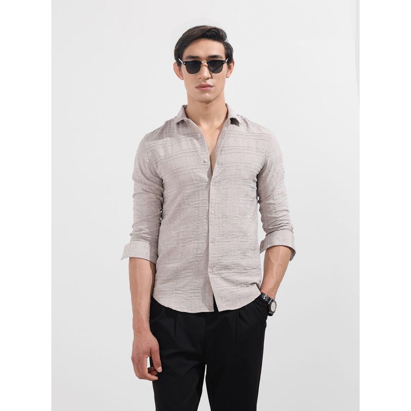 The Indian Garage Co Men Beige Slim Fit Collar Neck Polyester Shirt (S)