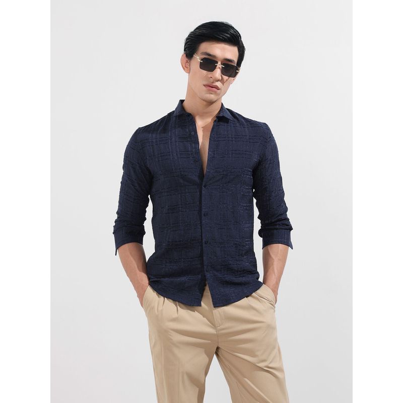 The Indian Garage Co Men Blue Slim Fit Collar Neck Polyester Shirt (S)